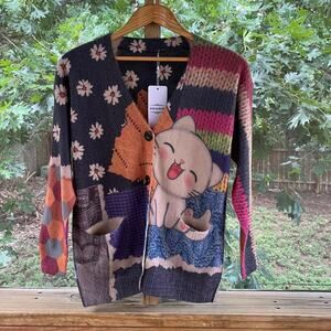 Yenso Women's Cotton/Wool Blend Happy Cat Cardigan Size XS. NEW